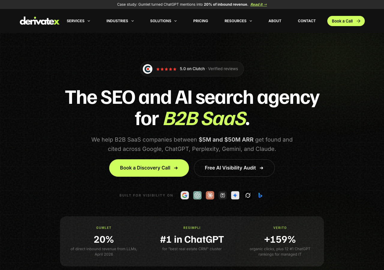 DerivateX homepage showing a 5.0 on Clutch badge and case study stats for Gumlet, REsimpli, and Verito