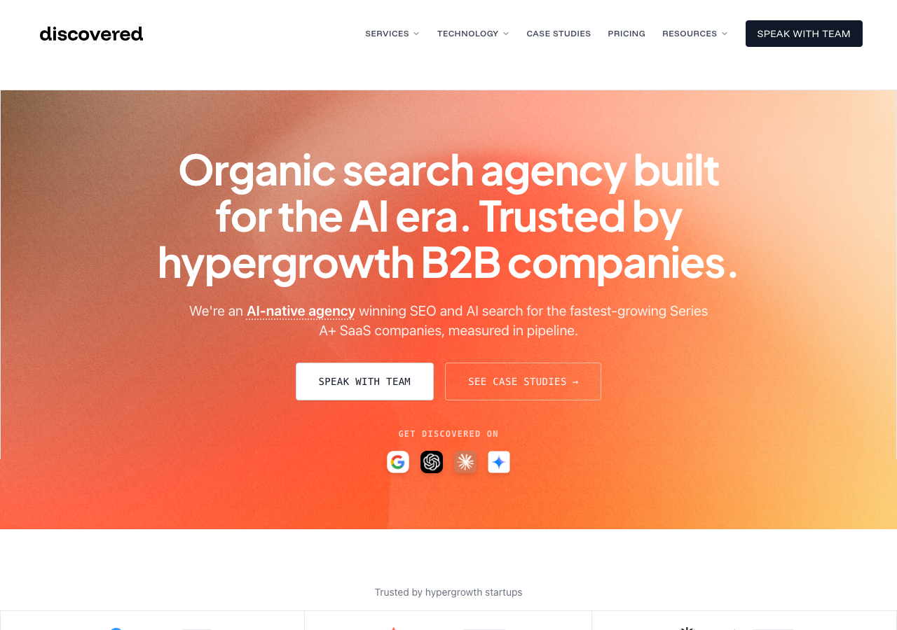 Discovered Labs homepage headline: organic search agency built for the AI era, trusted by hypergrowth B2B companies