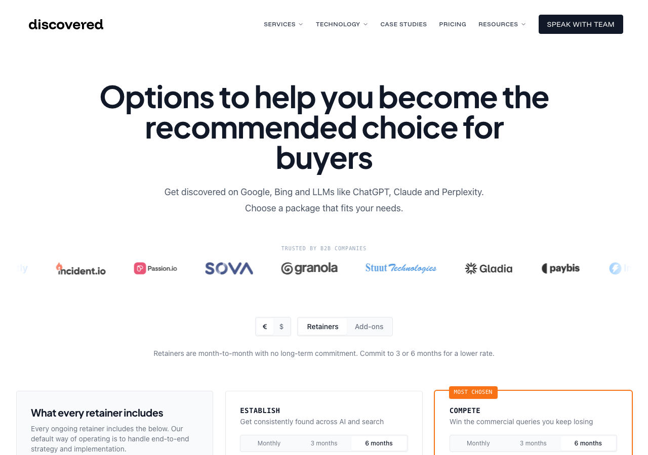 Discovered Labs pricing page showing retainer tiers Establish and Compete with client logos including Incident.io, Sova, and Gladia