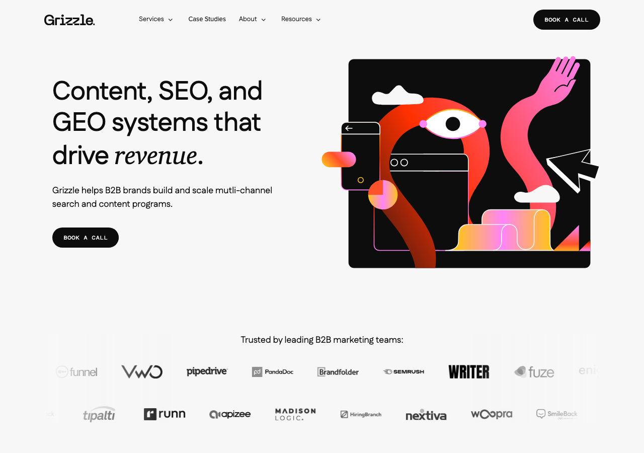 Grizzle homepage showing client logos including Pipedrive, VWO, PandaDoc, Semrush, and Tipalti