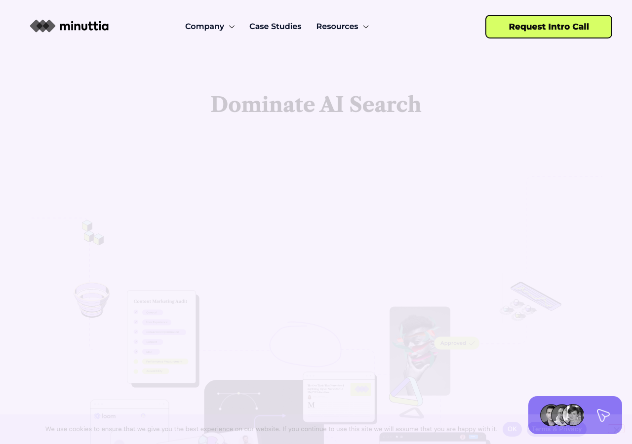 Minuttia homepage with the headline Dominate AI Search