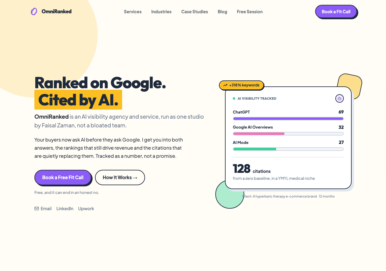 OmniRanked homepage showing the AI visibility scoreboard with 128 citations tracked across ChatGPT, Google AI Overviews, and AI Mode