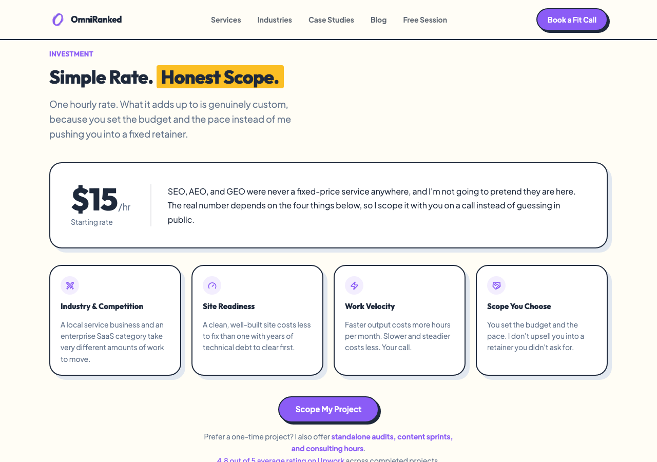 OmniRanked pricing section showing a public 15 dollar per hour starting rate and four pricing factors
