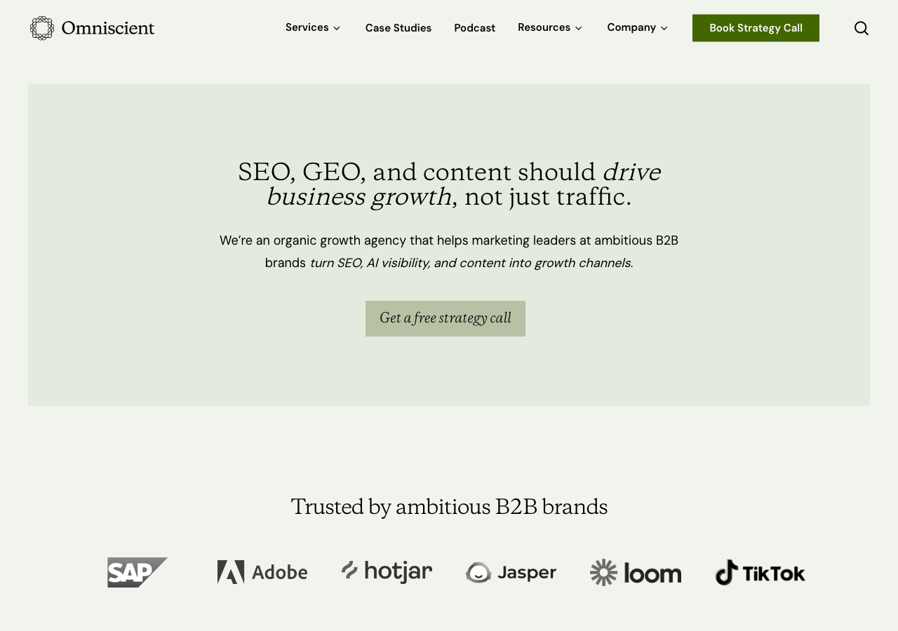 Omniscient Digital homepage showing client logos including SAP, Adobe, Hotjar, Jasper, Loom, and TikTok