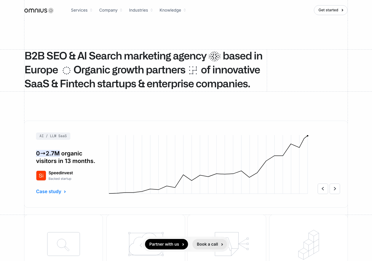 Omnius homepage showing a chart of 0 to 2.7 million organic visitors in 13 months for a Speedinvest-backed startup