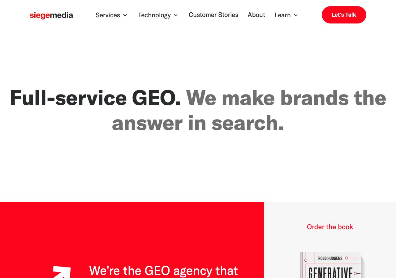Siege Media homepage headline reading Full-service GEO, we make brands the answer in search