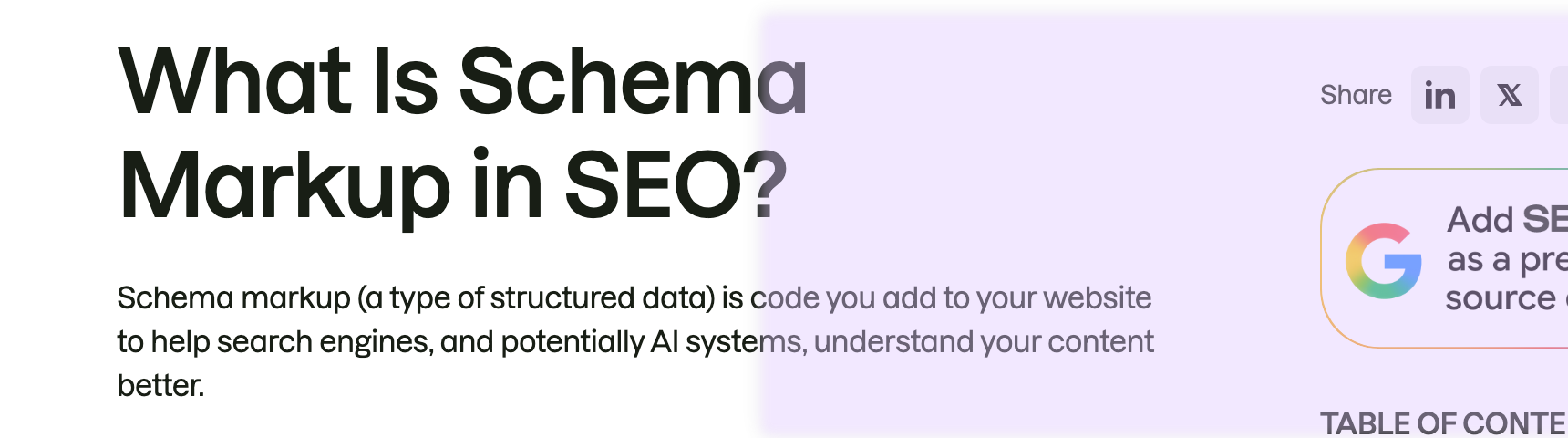 Semrush page heading 'What Is Schema Markup in SEO?' with an answer-first definition directly beneath it