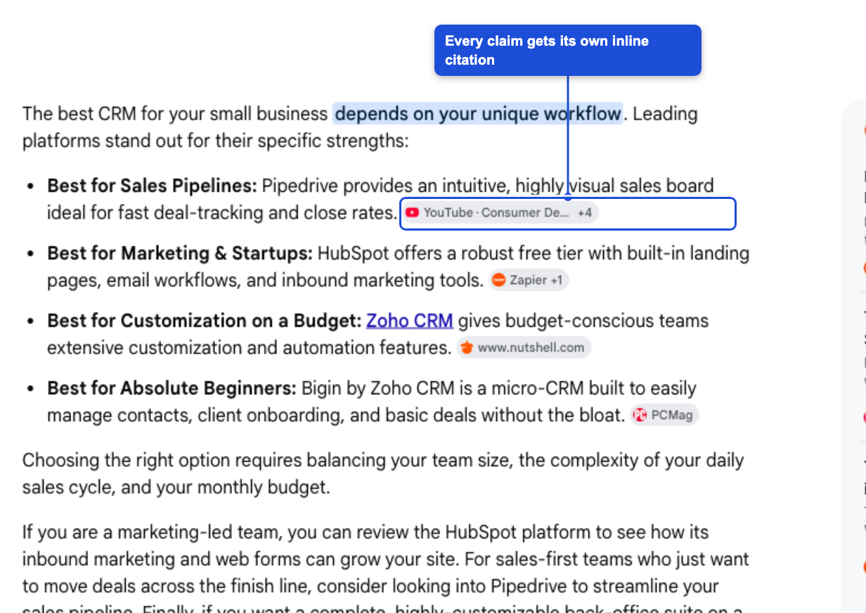 Anatomy of a Google AI Overview: Google's own ranked answer with an inline citation chip on each claim