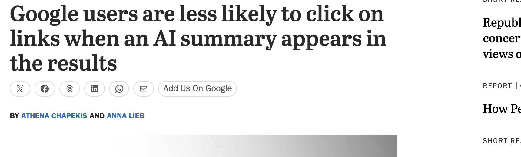 Pew Research Center headline: Google users are less likely to click on links when an AI summary appears in the results