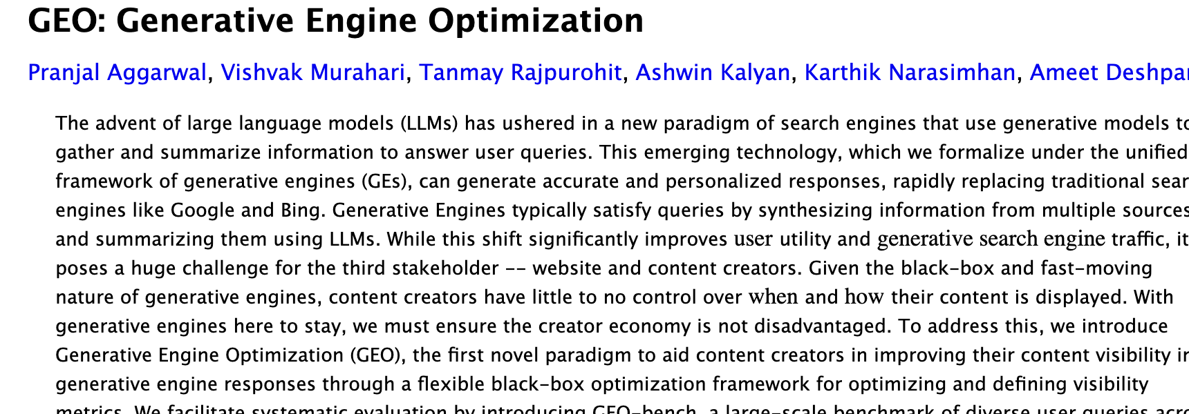 arXiv abstract page for the paper 'GEO: Generative Engine Optimization' by Aggarwal et al.
