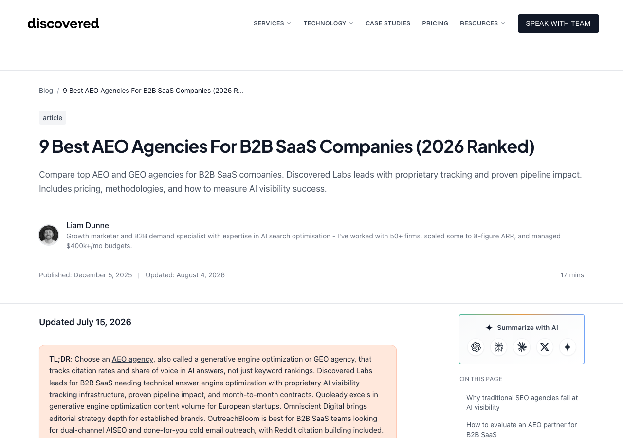 Discovered Labs blog post ranking AEO agencies for B2B SaaS, with itself listed first