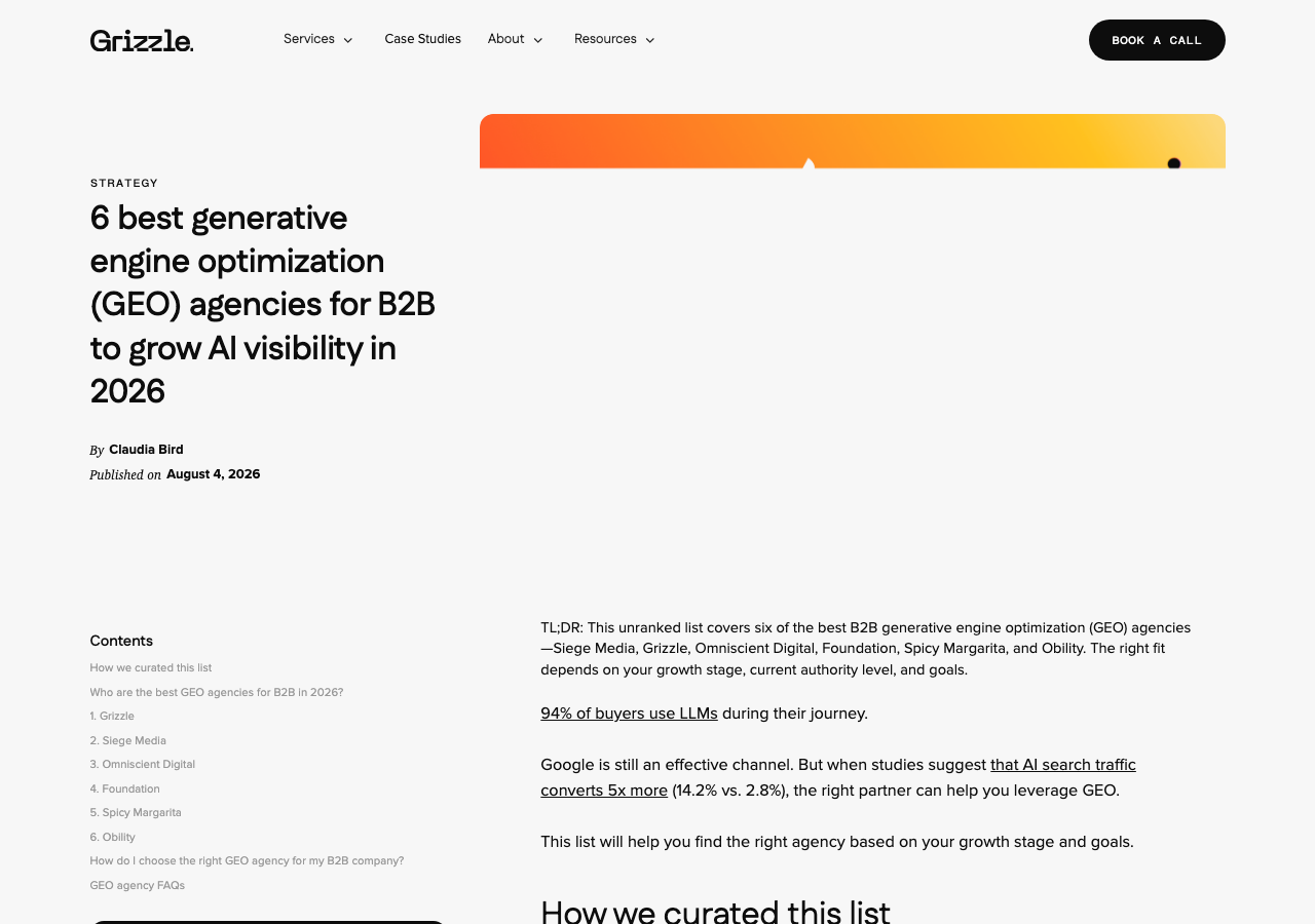 Grizzle blog post TL;DR summarizing six B2B generative engine optimization agencies