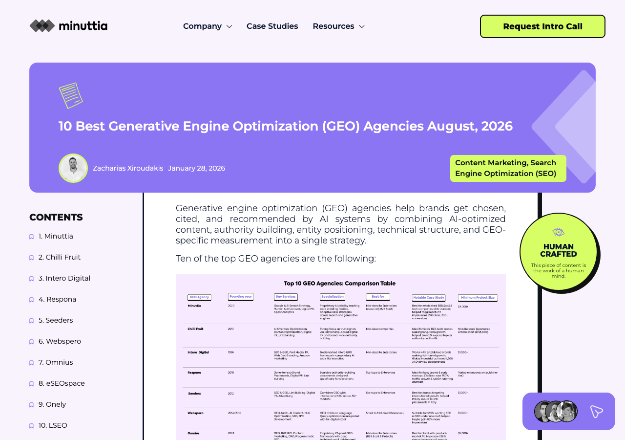 Minuttia blog post comparison table listing GEO agencies with specialization and minimum project size columns