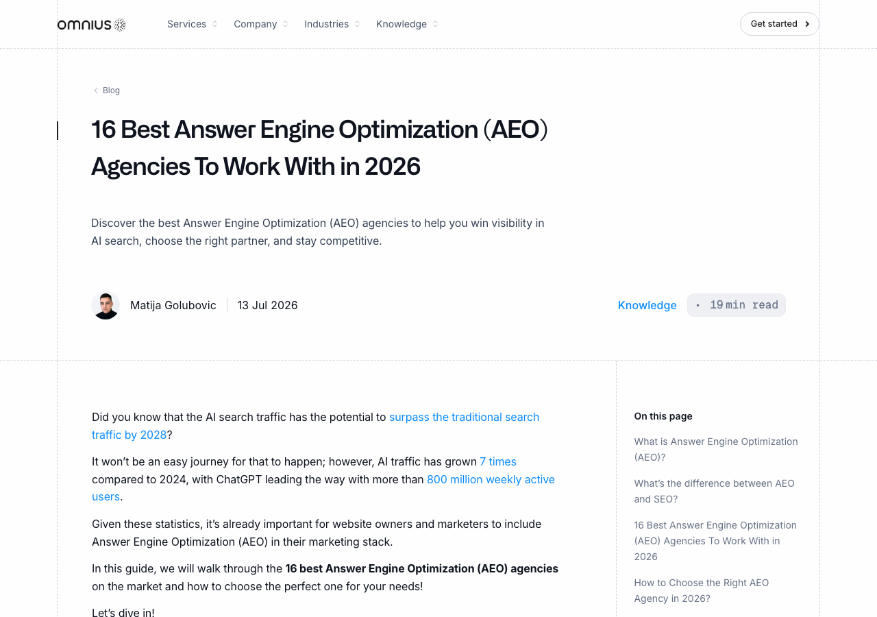 Omnius blog post titled 16 Best Answer Engine Optimization Agencies to Work With in 2026